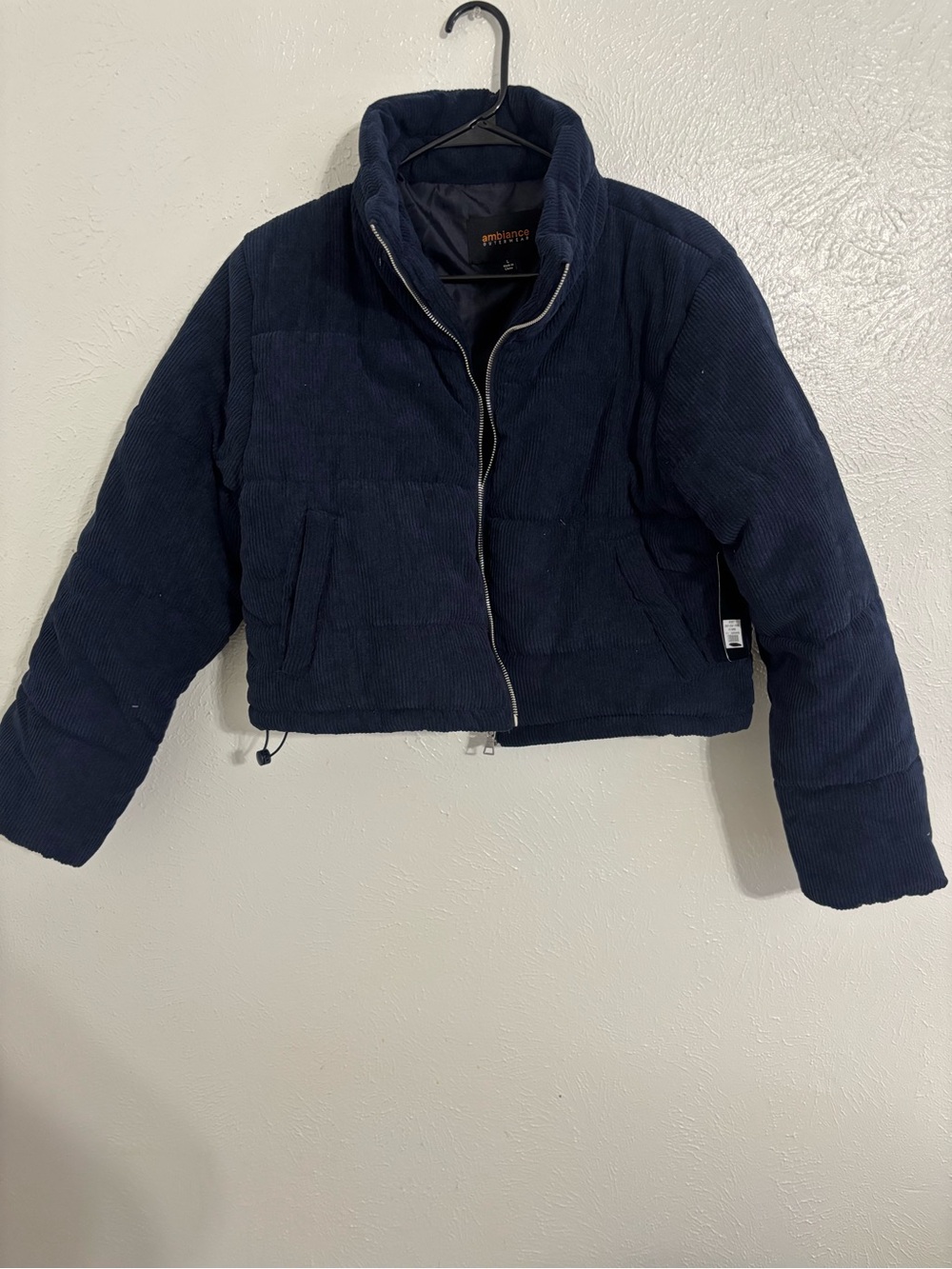 Ambiance Outerwear Navy Cropped Corduroy Puffer Jacket Large NWT